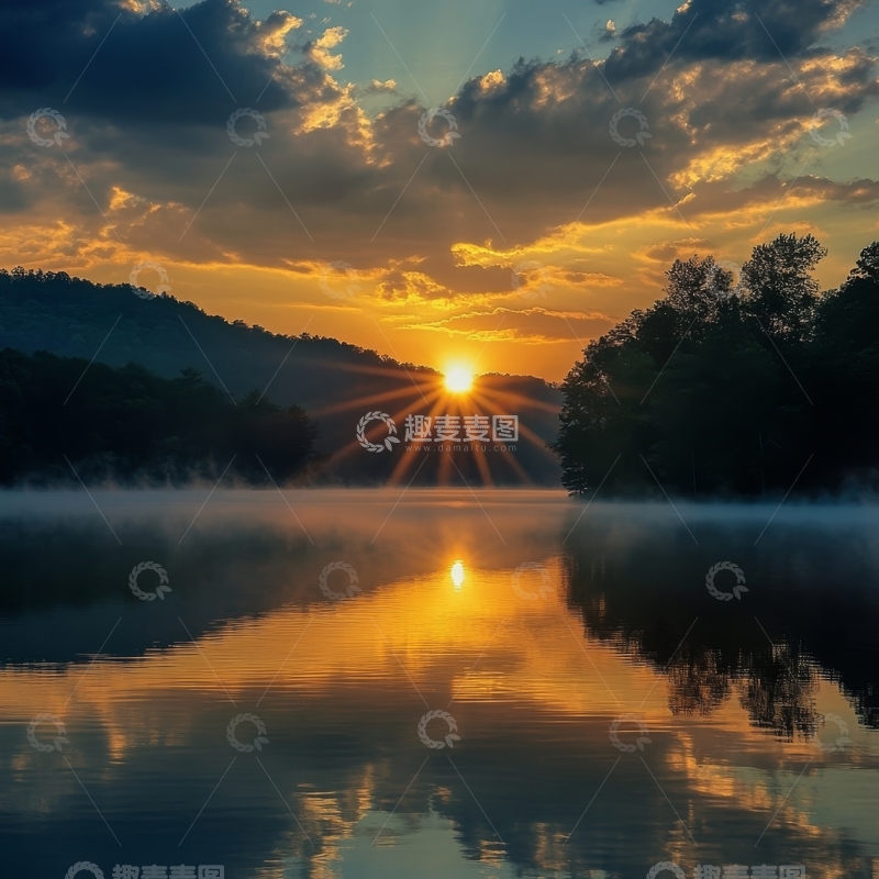 高清大图下载【趣麦麦图】湖面日出，晨雾缭绕