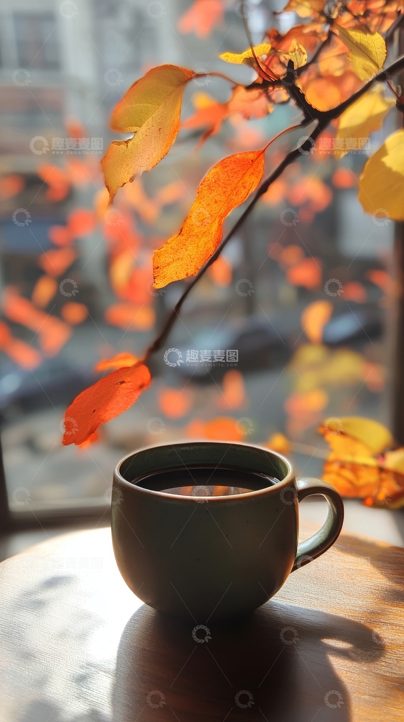 高清大图下载【趣麦麦图】秋叶映衬下的咖啡杯