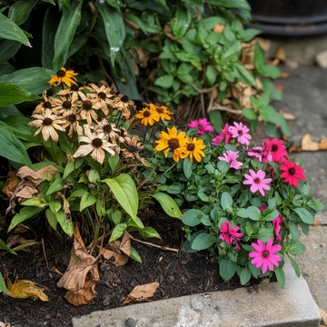花园中的黄色与粉色花朵