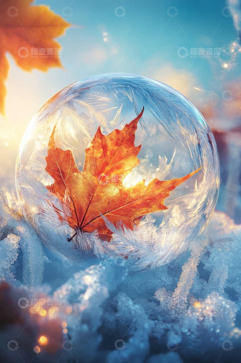高清大图下载【趣麦麦图】秋叶冰晶球中的温暖光芒