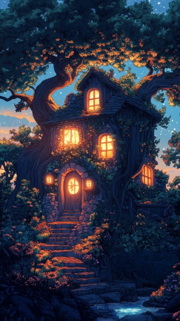树屋夜景：灯火通明的奇幻小屋