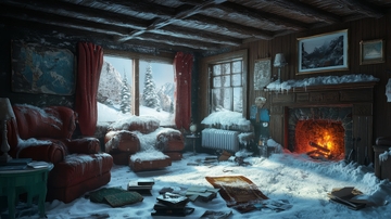 雪侵木屋，炉火旁的静谧时光