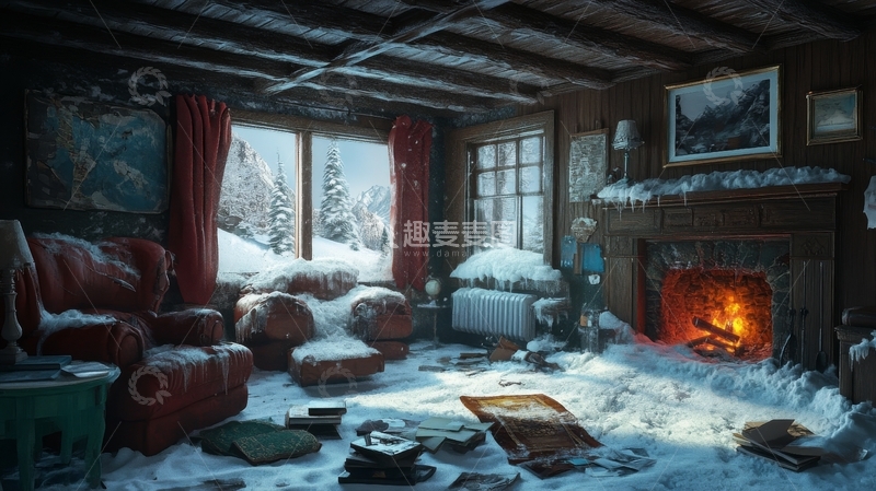 高清大图下载【趣麦麦图】雪侵木屋，炉火旁的静谧时光