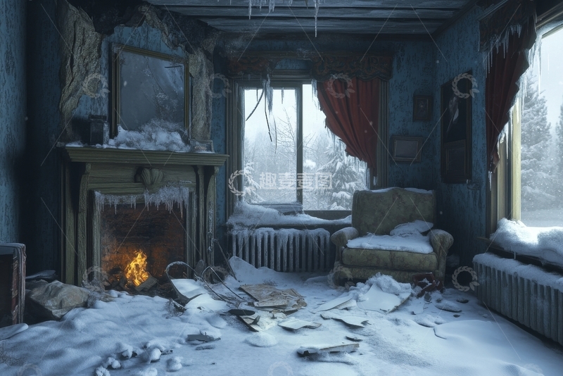 高清大图下载【趣麦麦图】雪覆旧屋，炉火微光