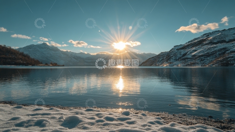 高清大图下载【趣麦麦图】雪山湖泊日落美景