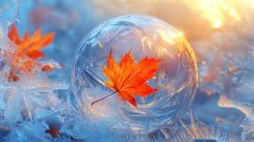 冰晶泡泡中的秋叶