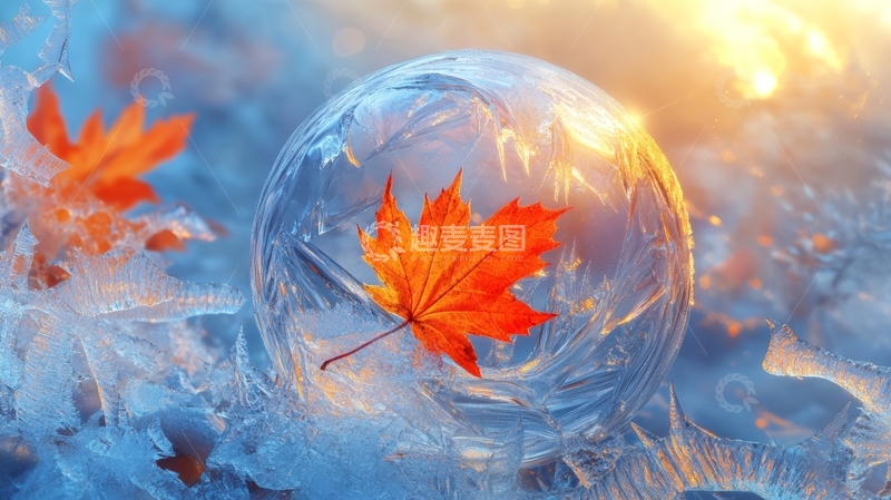 高清大图下载【趣麦麦图】冰晶泡泡中的秋叶