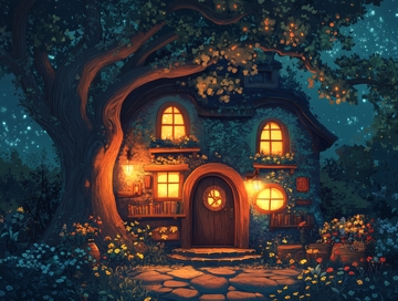 树屋夜景，灯火通明