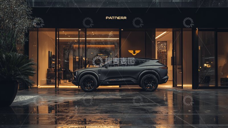 高清大图下载【趣麦麦图】黑色SUV停在现代建筑前