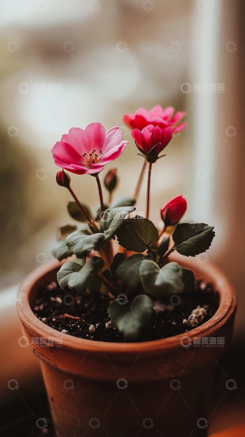 高清大图下载【趣麦麦图】盆栽粉红小花，窗边静谧绽放