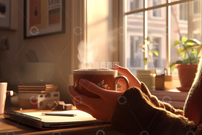 高清大图下载【趣麦麦图】窗边手捧热饮，阳光洒满书桌