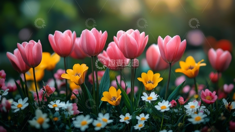 高清大图下载【趣麦麦图】花园中的粉色郁金香与黄色小花