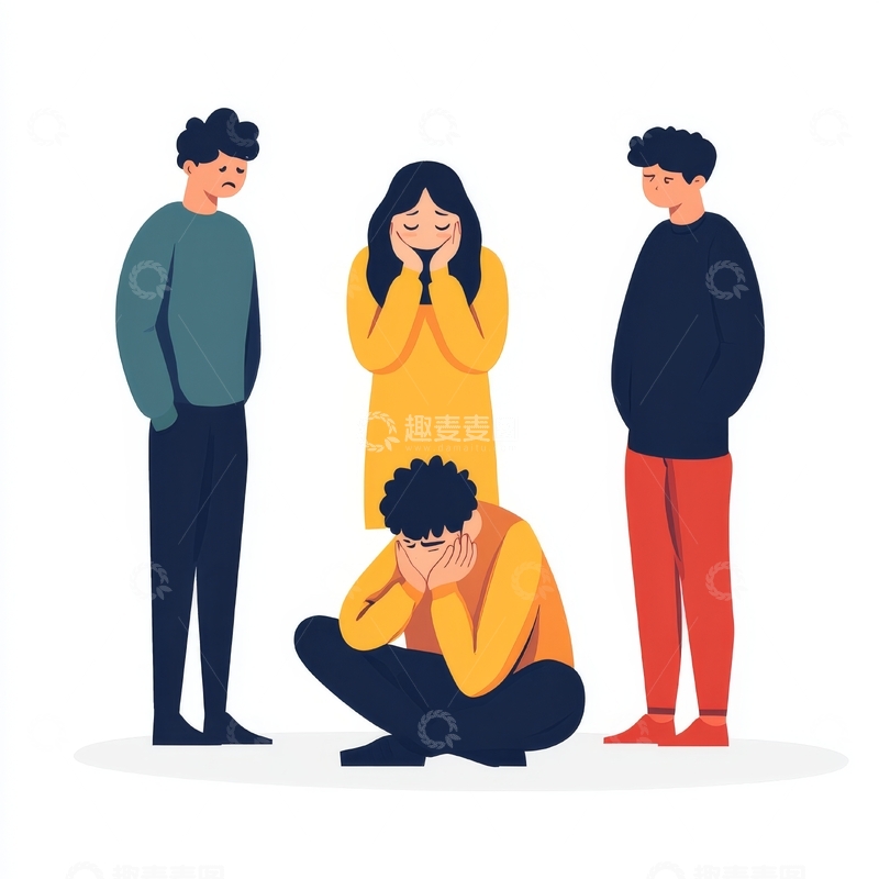 高清大图下载【趣麦麦图】四人情绪各异，一人低头沉思