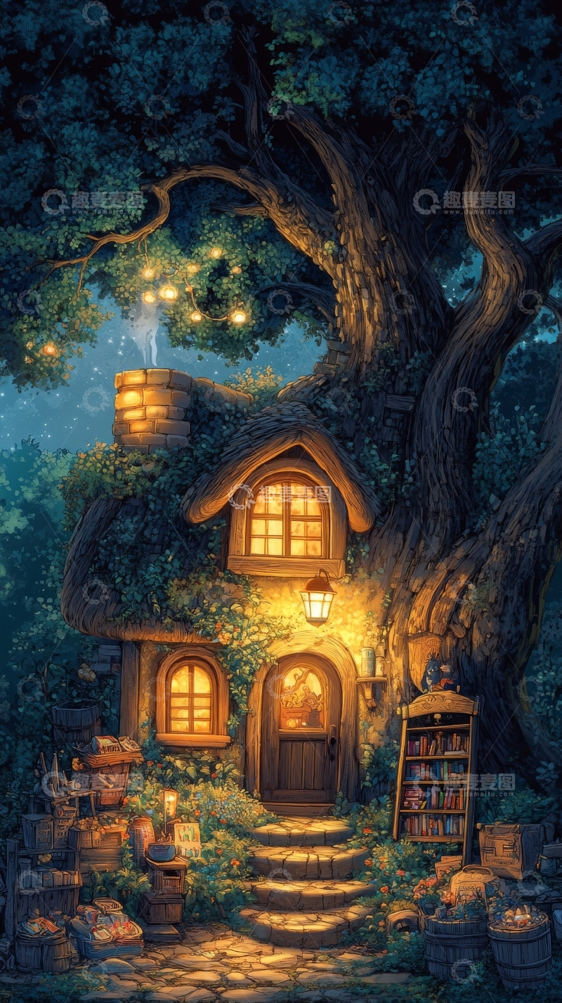 高清大图下载【趣麦麦图】树屋夜景：温馨灯光与自然融合