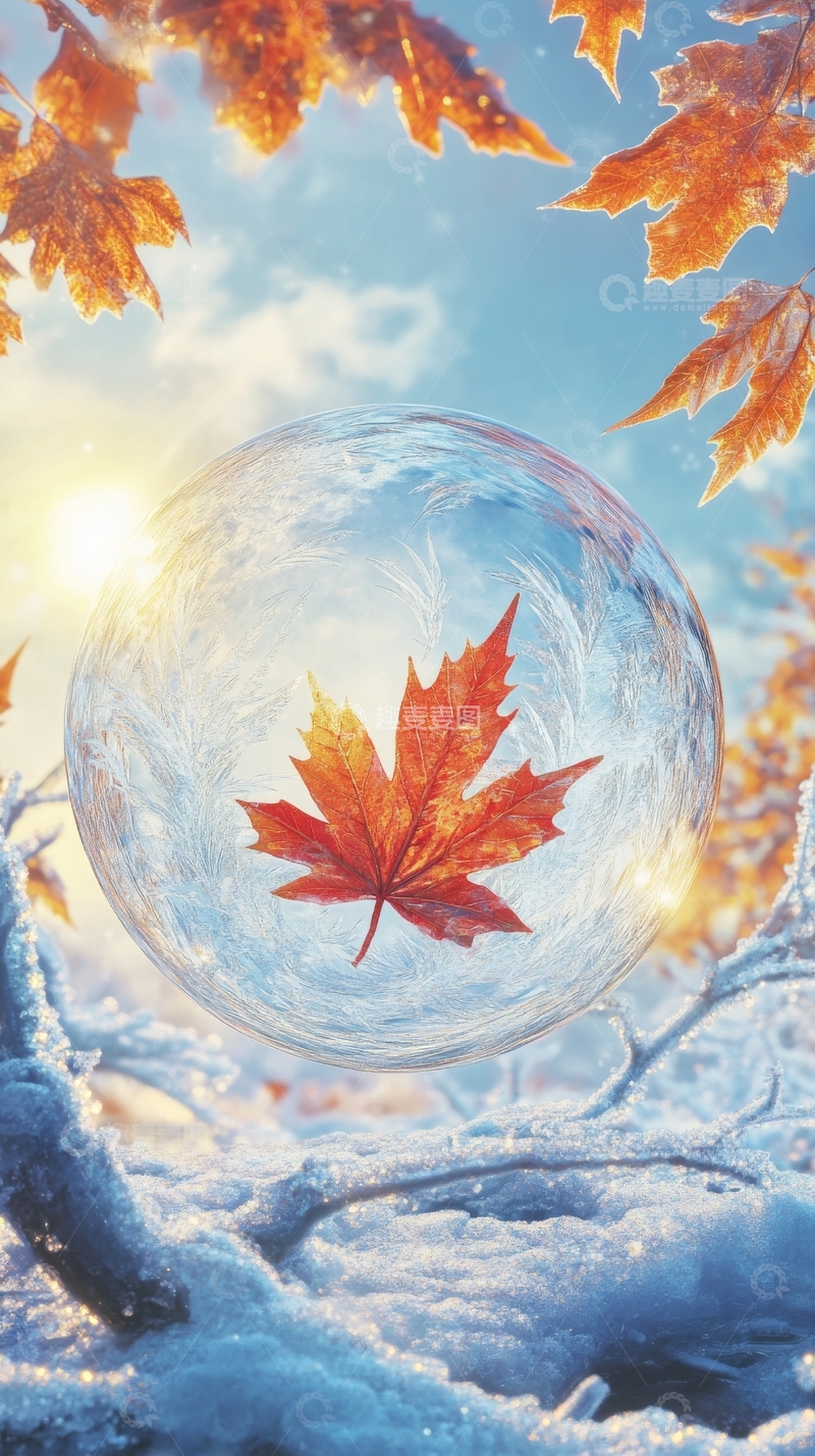 高清大图下载【趣麦麦图】冰晶中的秋叶，雪地里的温暖记忆