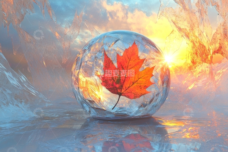 高清大图下载【趣麦麦图】冰球中的秋叶，映衬夕阳光辉