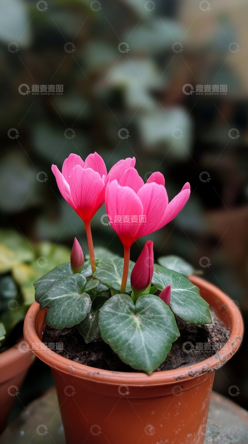 高清大图下载【趣麦麦图】盆栽粉红花朵，绿叶相伴