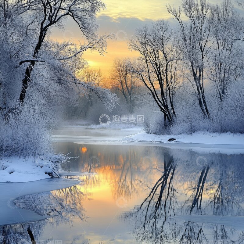 高清大图下载【趣麦麦图】冬日黄昏，雪覆河畔倒影