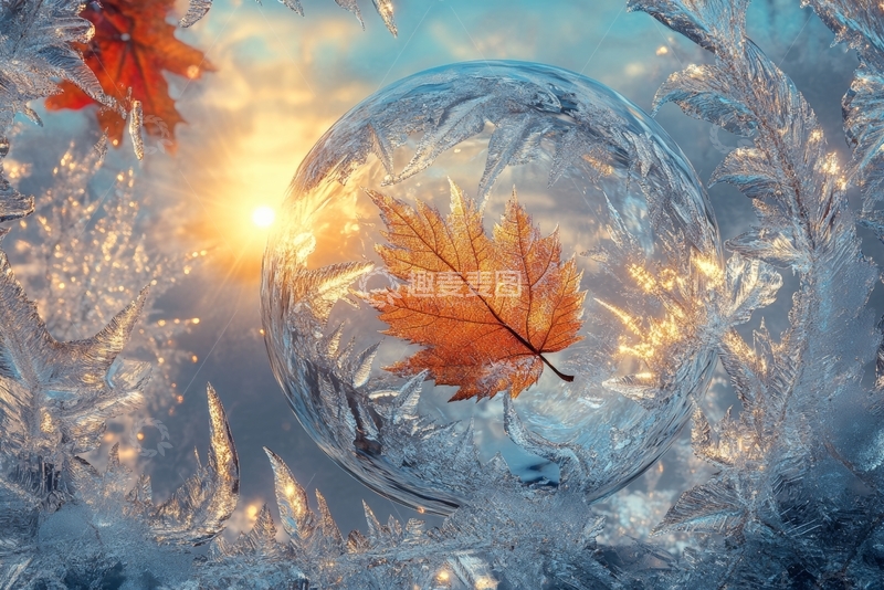 高清大图下载【趣麦麦图】冰晶中的秋叶，温暖与寒冷的交织