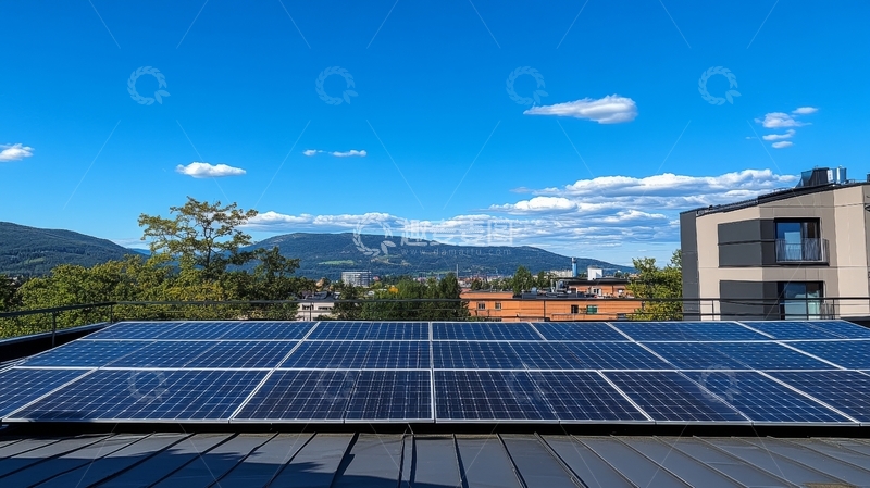 高清大图下载【趣麦麦图】屋顶太阳能板与蓝天绿树相映