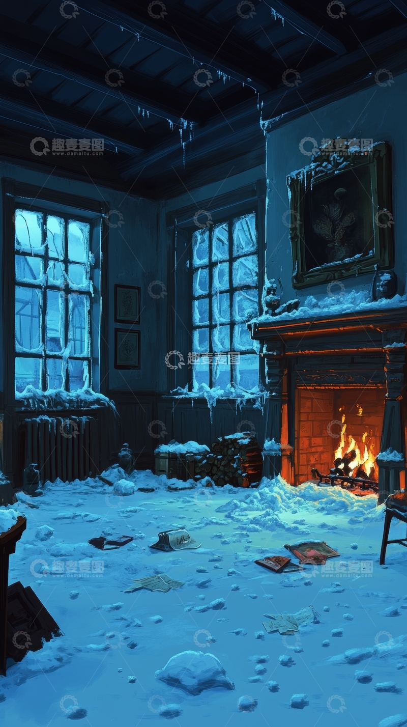 高清大图下载【趣麦麦图】雪夜室内，壁炉温暖