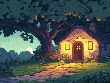 树荫下的温馨石屋