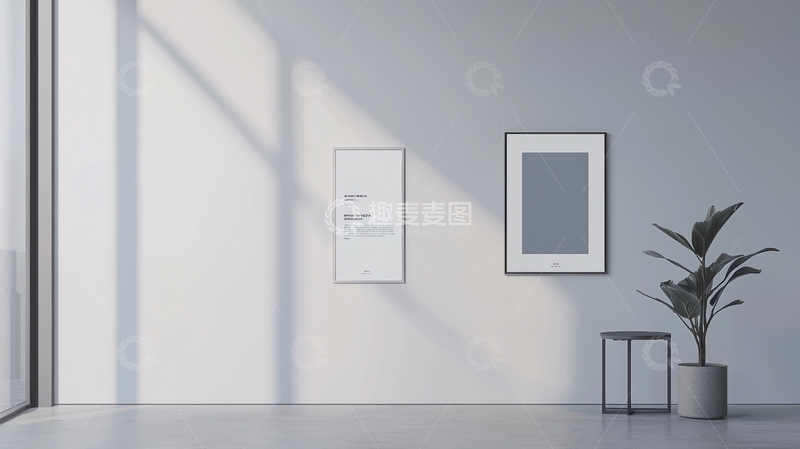 高清大图下载【趣麦麦图】简约室内装饰，墙上挂画与绿植点缀