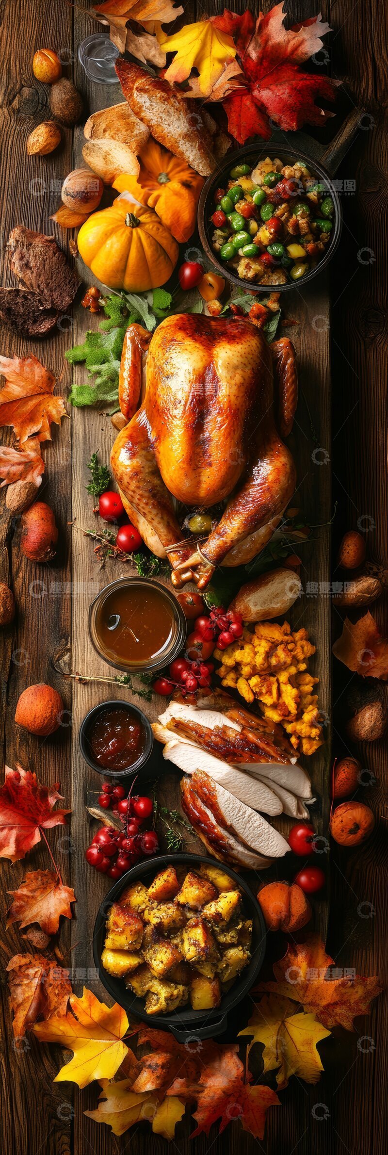 高清大图下载【趣麦麦图】感恩节餐桌布置，烤火鸡与秋季美食