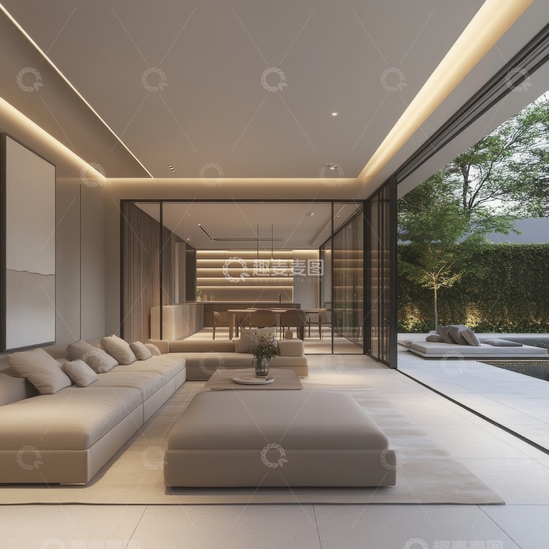 高清大图下载【趣麦麦图】现代简约客厅与户外庭院相连