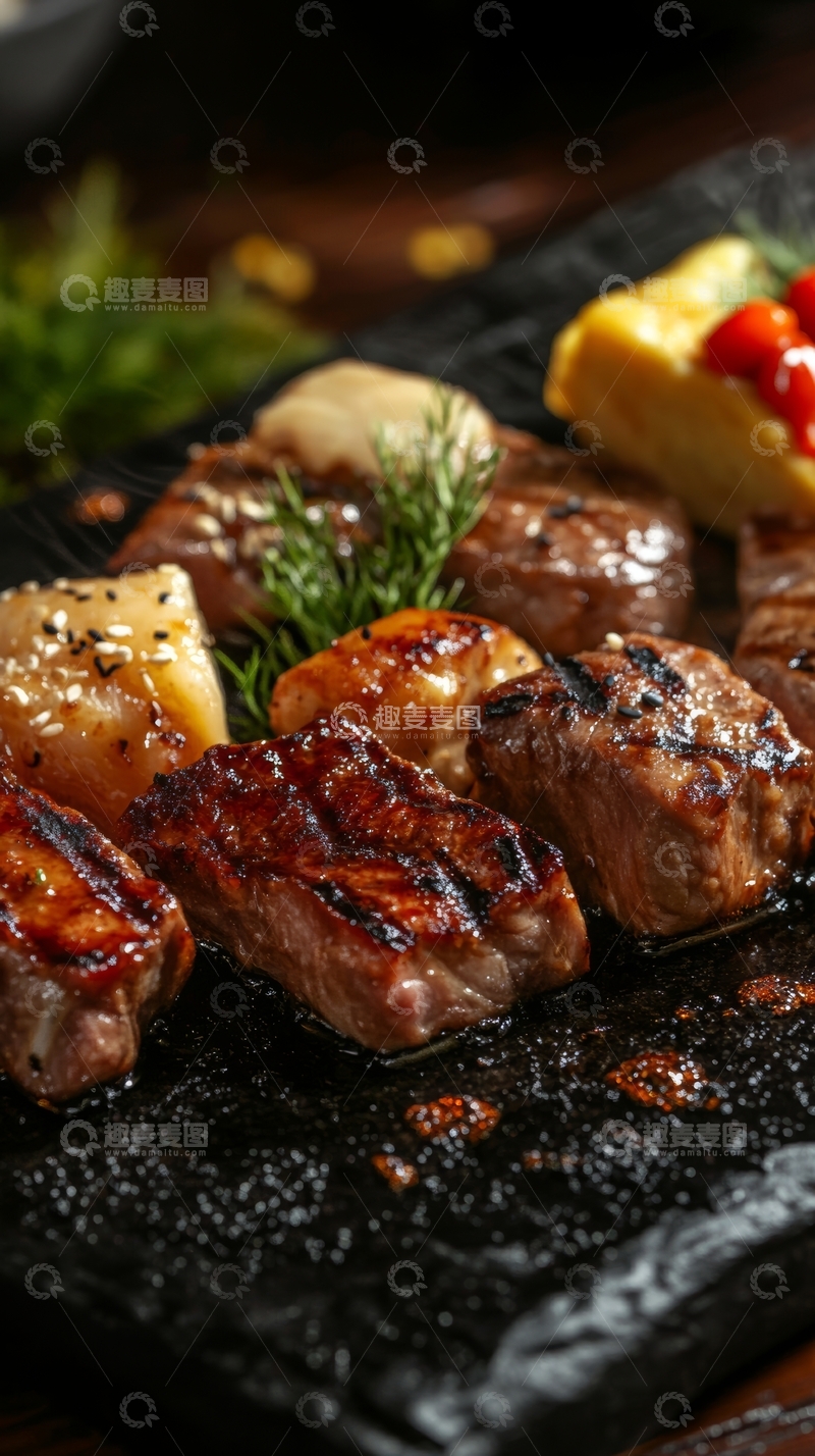 高清大图下载【趣麦麦图】烤制牛排配蔬菜，置于黑色石板上