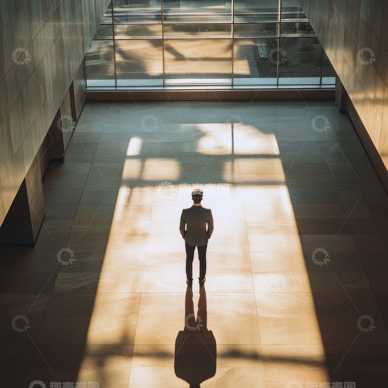 高清大图下载【趣麦麦图】阳光洒落的走廊中，一人静立