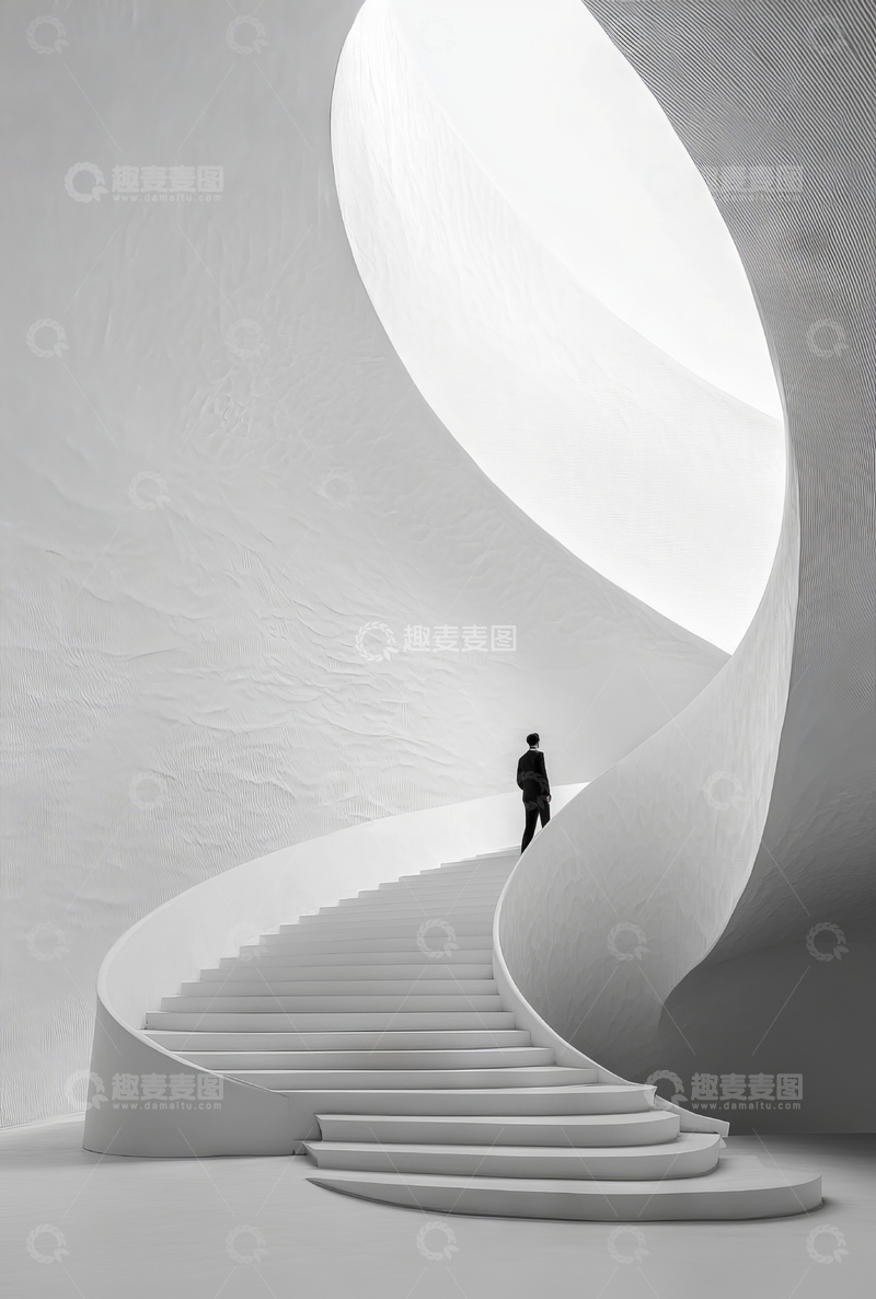 高清大图下载【趣麦麦图】黑白螺旋楼梯上的孤独身影