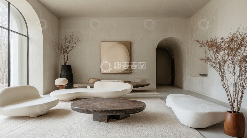 高清大图下载【趣麦麦图】现代简约室内设计，白色家具与拱形门洞