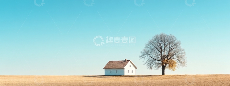 高清大图下载【趣麦麦图】孤树旁的白色小屋