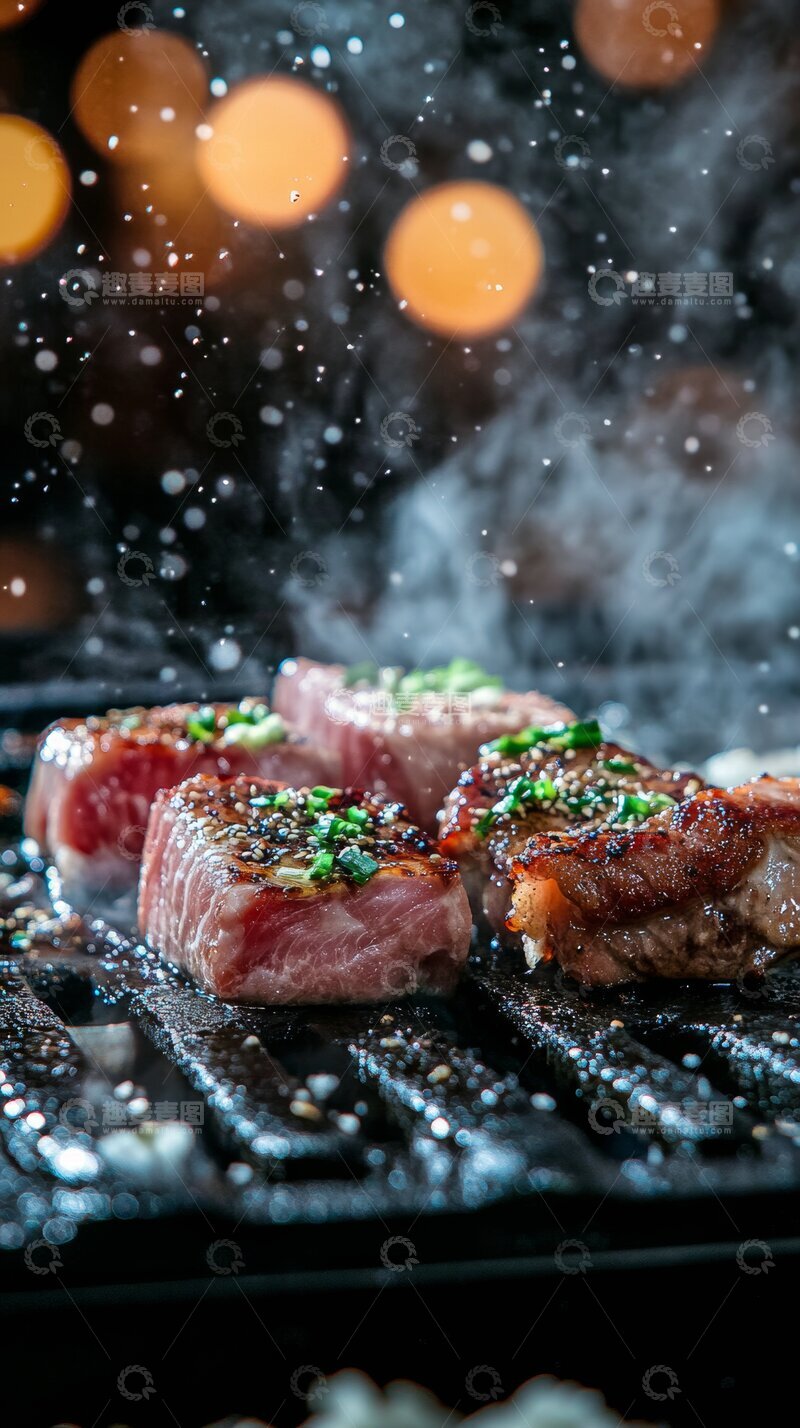 高清大图下载【趣麦麦图】-煎烤牛肉配香草，热气腾腾