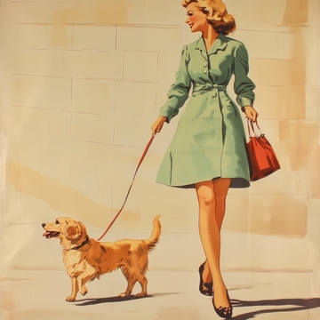 女士牵着金毛犬散步