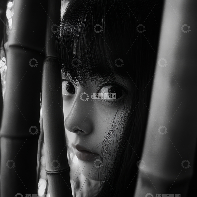 高清大图下载【趣麦麦图】黑白影像中竹竿后的人脸特写
