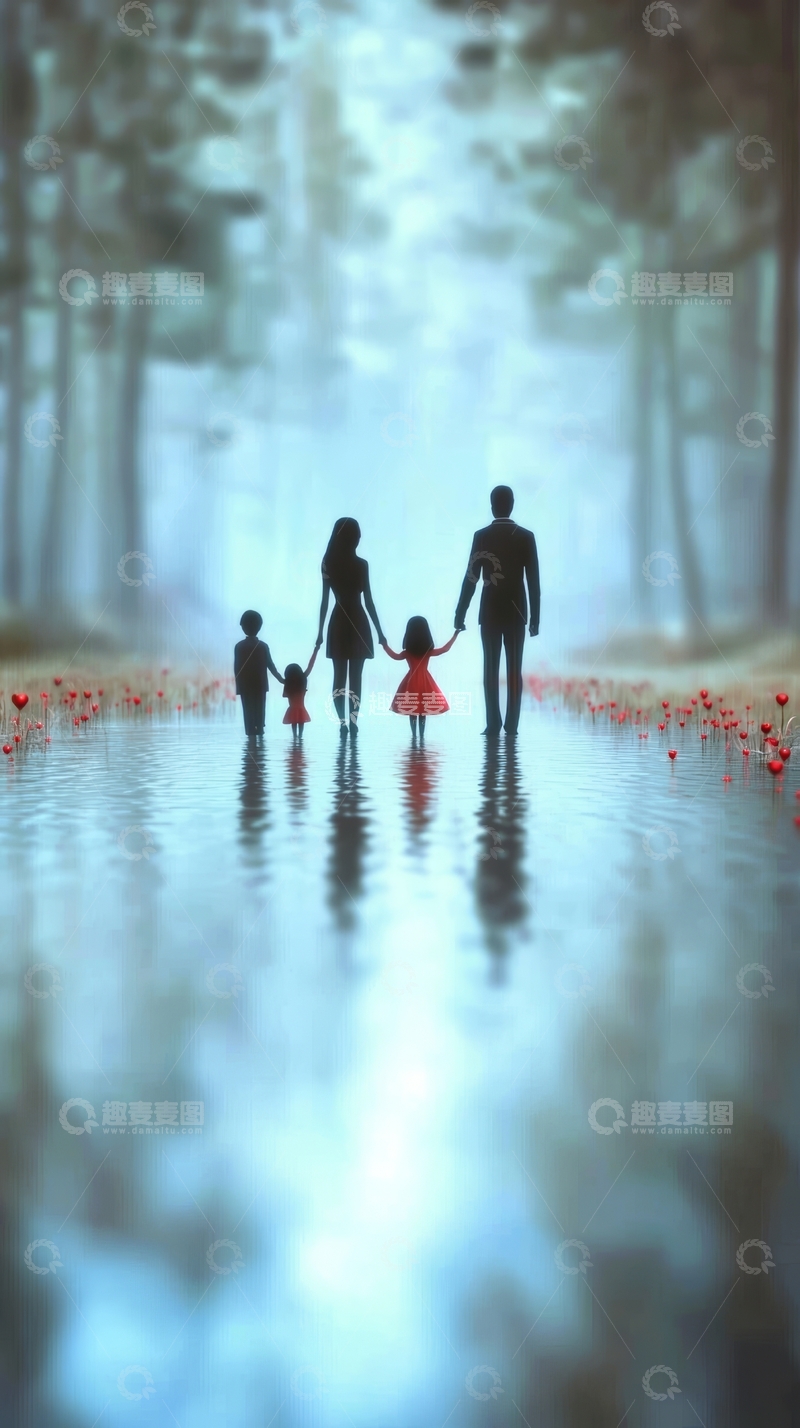 雨中一家五口牵手漫步