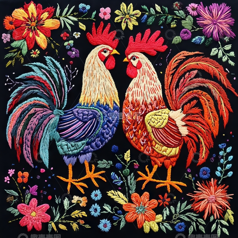 高清大图下载【趣麦麦图】色彩斑斓的公鸡与花卉刺绣艺术