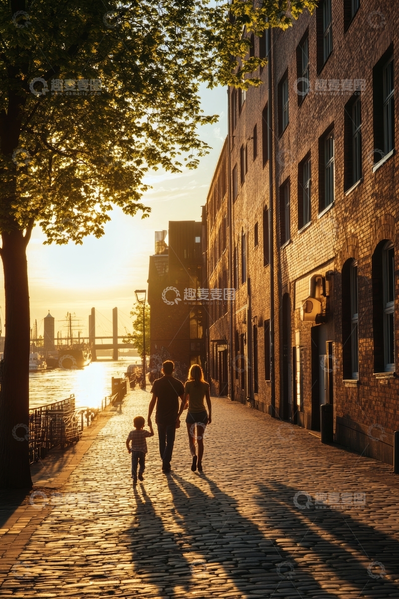 高清大图下载【趣麦麦图】夕阳下一家三口漫步石板街