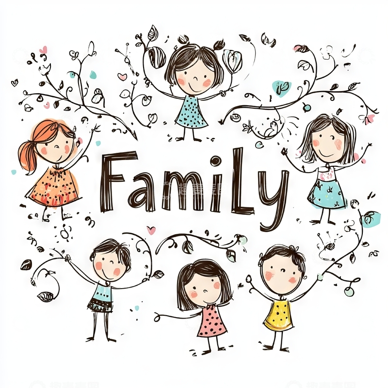手绘风格的家庭成员插画