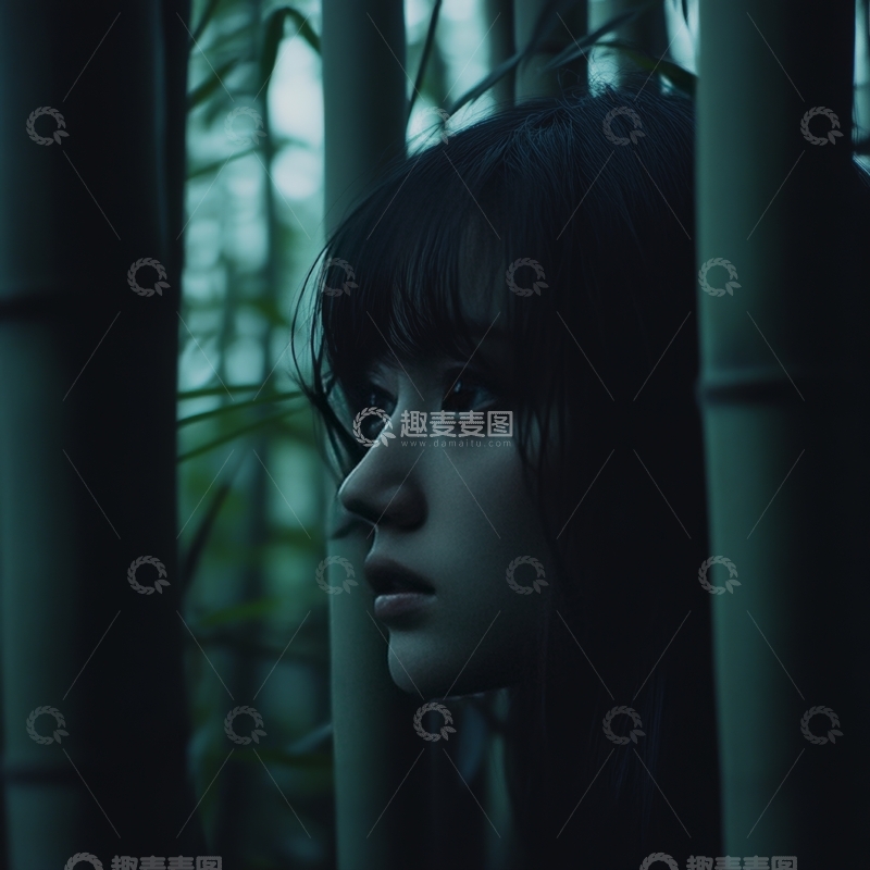 高清大图下载【趣麦麦图】竹林深处的沉思少女