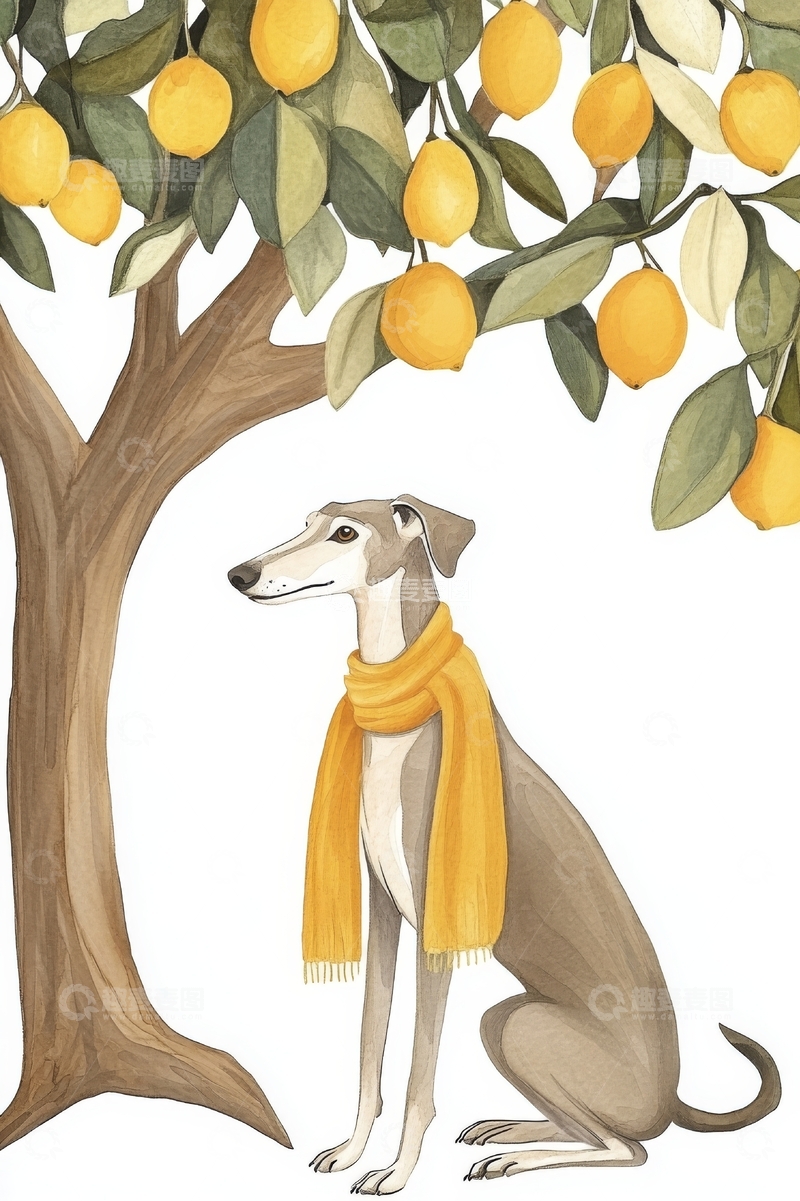 高清大图下载【趣麦麦图】戴围巾的狗坐在柠檬树下
