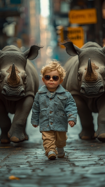 小孩街头引领犀牛群