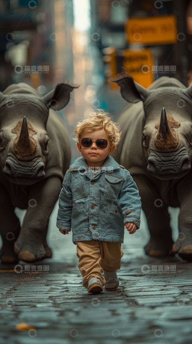 高清大图下载【趣麦麦图】小孩街头引领犀牛群