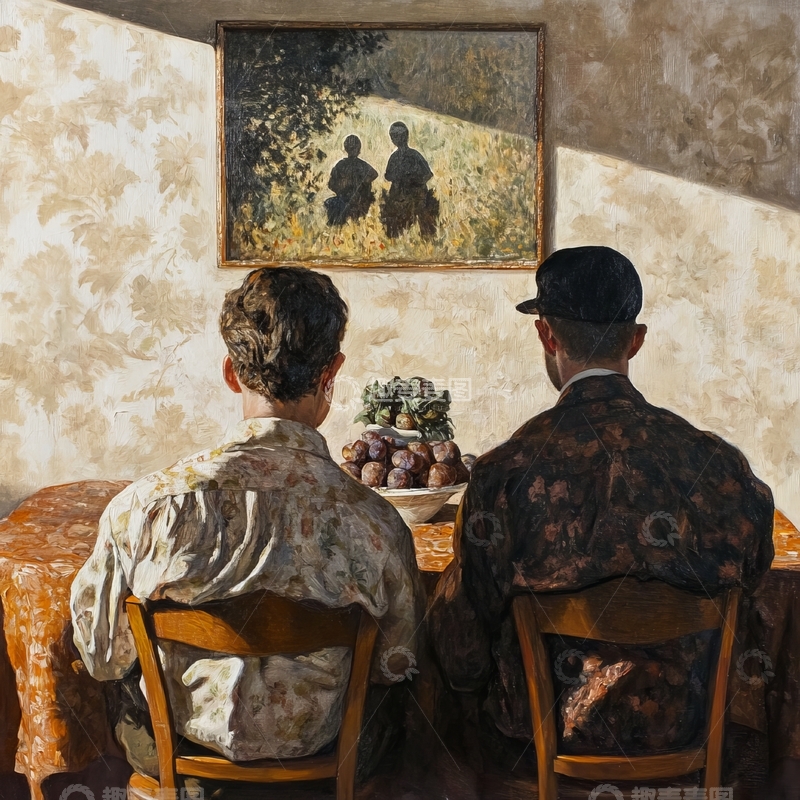 高清大图下载【趣麦麦图】两人对坐，静赏画中风景