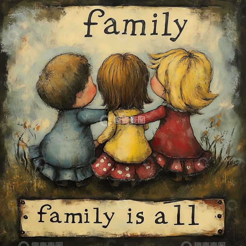 家庭温馨场景：三个孩子并肩而立