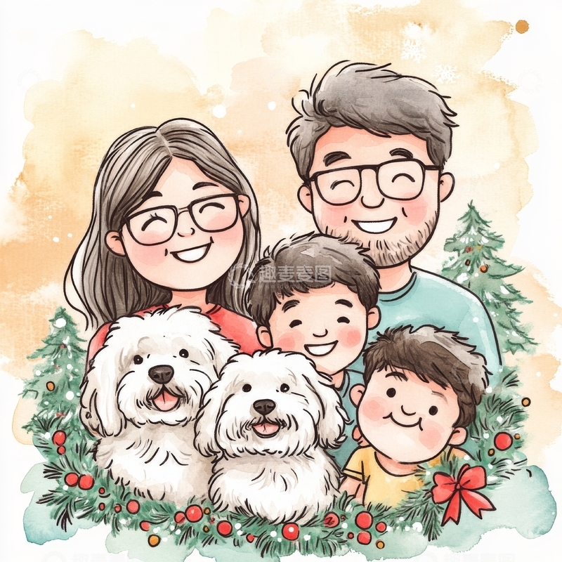 高清大图下载【趣麦麦图】温馨家庭与宠物的节日肖像