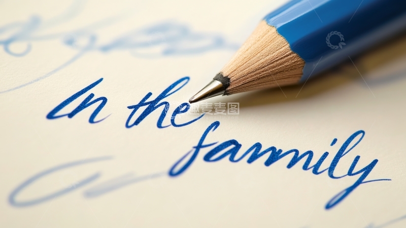 高清大图下载【趣麦麦图】蓝色铅笔书写&ldquo;in the family&rdquo;