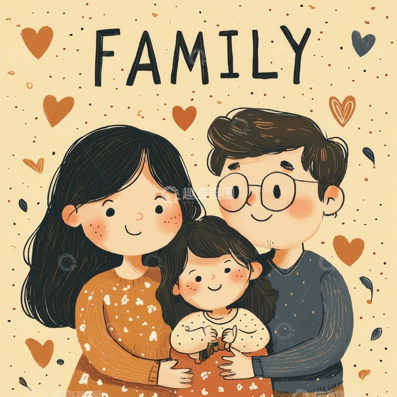 高清大图下载【趣麦麦图】温馨家庭插画，父母怀抱孩子